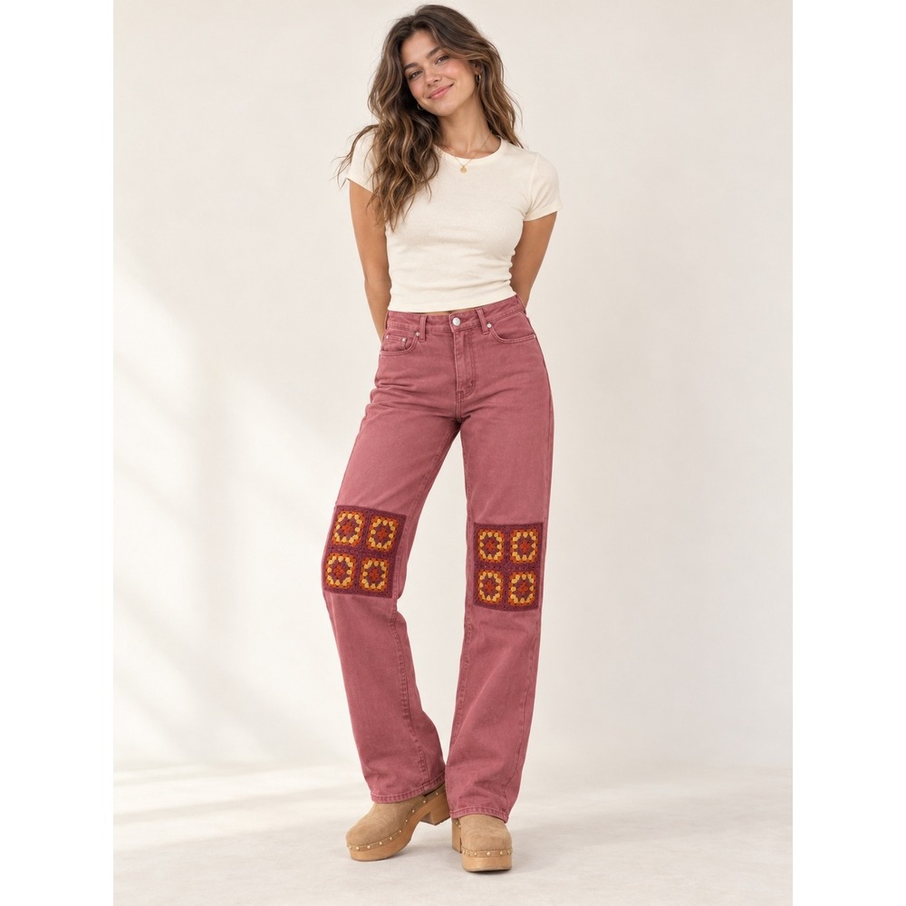 Judy Blue Pink High Waist Wide Leg Jeans Crochet Granny Square Patch 3/26 NWT